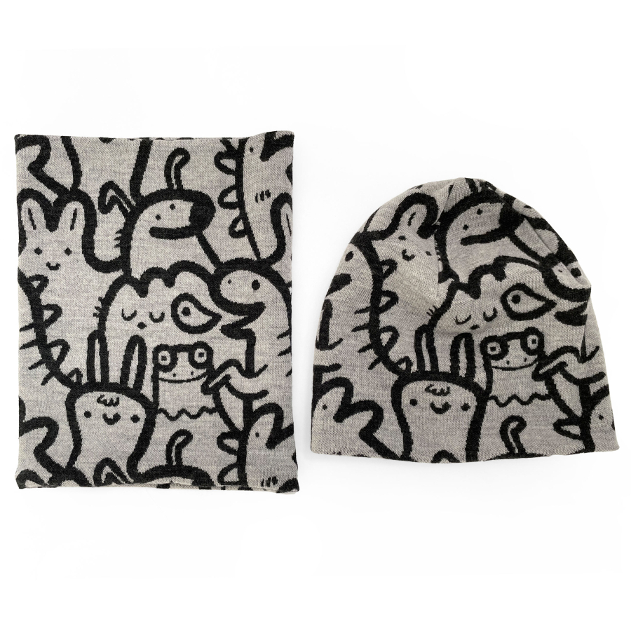 MERINO set Funny animals grey (čepice + nákrčník)